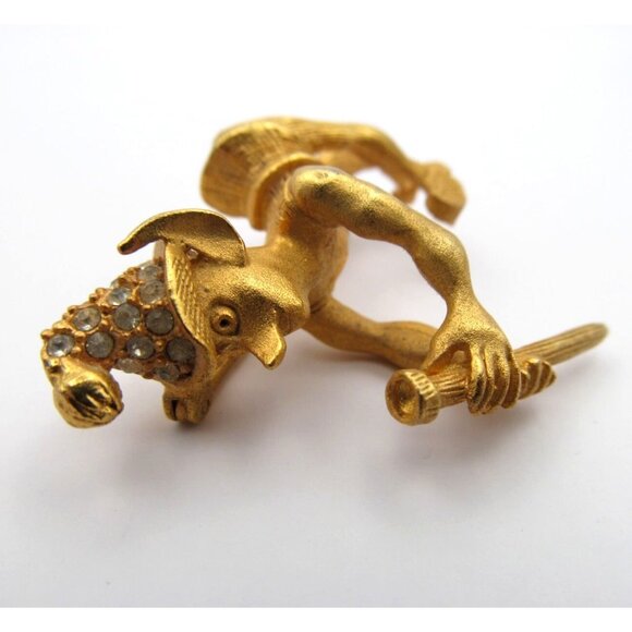 Vintage Elves Gold Tone Rhinestone with Hammer and Nail Brooch Set by Geno Ltd - Picture 13 of 16